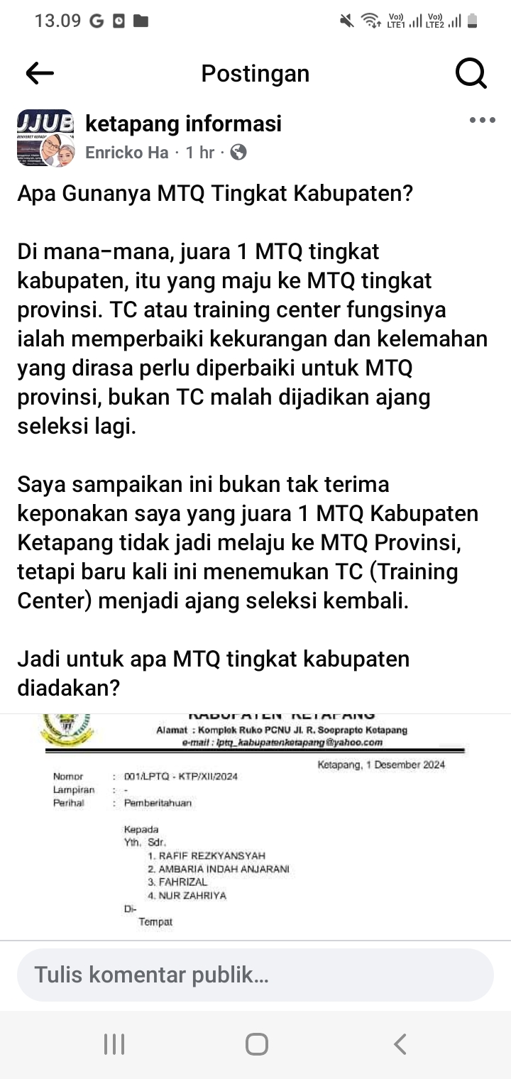 Keluhan Warganet Terkait Seleksi MTQ Tingkat Provinsi di LPTQ Ketapang